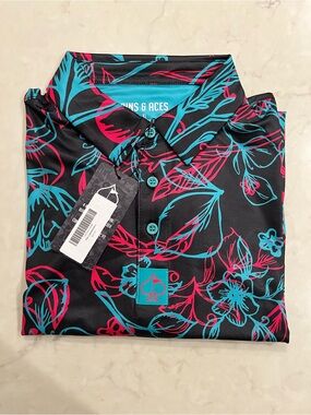 Pins & Aces Men’s Black Golf Polo with Teal & Pink Floral Print NWT